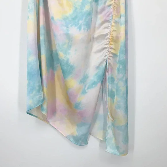 ZARA Satin Tie Dye Camisole Rainbow Side Cinch Strappy Midi Halter Cami Dress - Picture 8 of 15